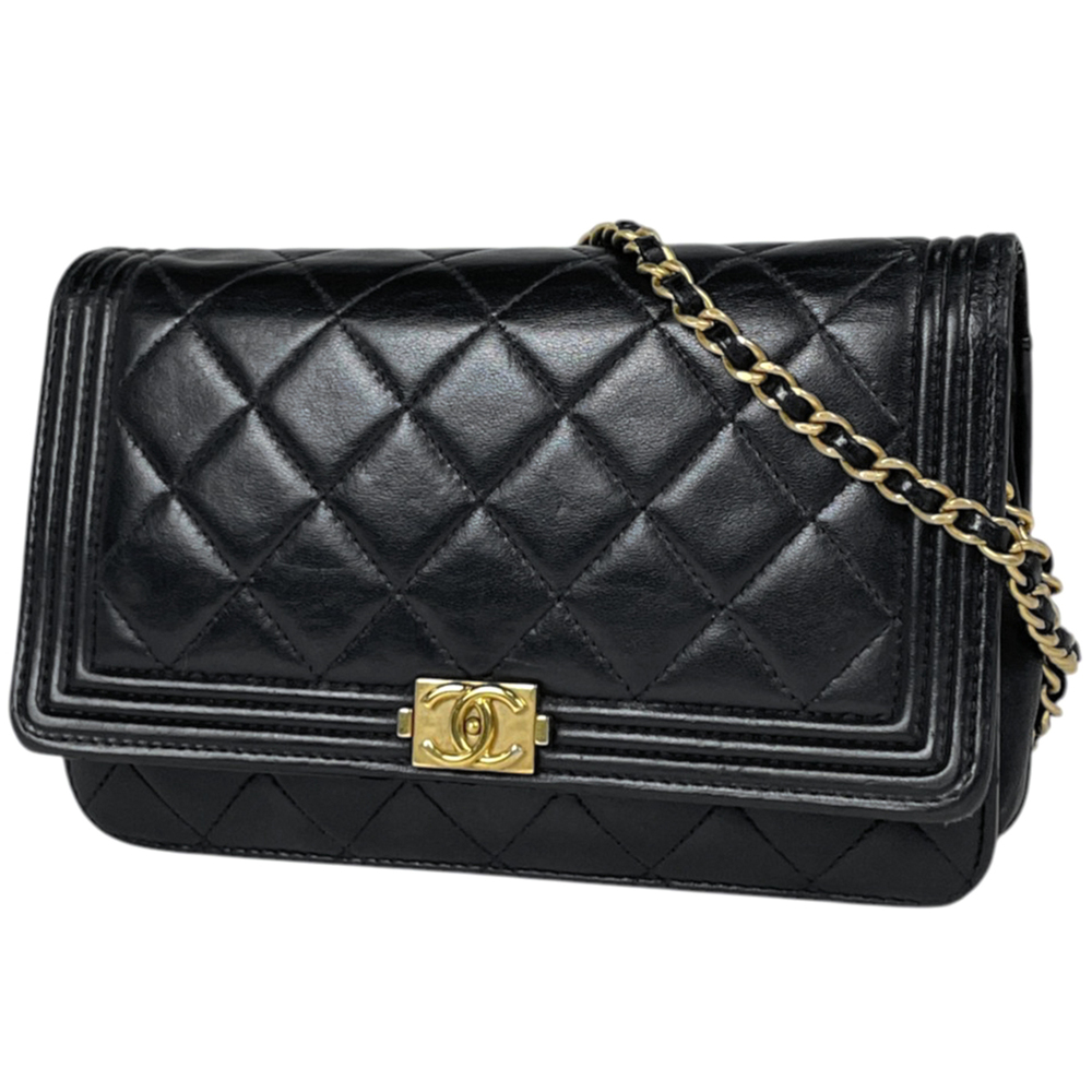 Chanel Boy Chain Wallet Shoulder Bag, Matelassé Leather, Black, Women's